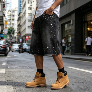 EIDEO OEM ODM Short en jean personnalisé pour <span class=keywords><strong>homme</strong></span>, coupe droite, effet moustache, bords bruts, en denim vieilli avec strass écologiques - Product Image 3