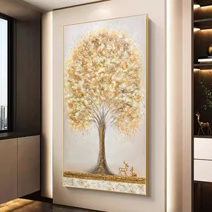 Peinture à l'huile peinte à la main, Arbre à argent, Cerf, Art abstrait moderne, Effet 3D, Art mural décoratif pour entrée et couloir, Avec cadre - Product Image 3