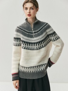 Suéter de cachemira para mujer, tejido jacquard, con media cremallera, cuello alto, grueso, para invierno, estilo Fair Isle, tipo cárdigan. - Product Image 5