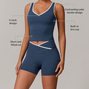 Ensemble de survêtement 2 pièces personnalisé pour <span class=keywords><strong>femme</strong></span> – Soutien-gorge de sport, débardeur court et short taille haute – <span class=keywords><strong>Tenue</strong></span> de sport pour la gym, la course et le <span class=keywords><strong>yoga</strong></span> - Product Image 5