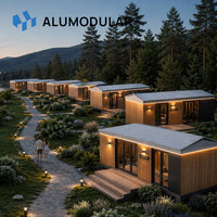 Maison de glamping modulaire préfabriquée pour complexe extérieur, structure en acier, entièrement meublée, clé en main, assemblage rapide avec chambre et bureau