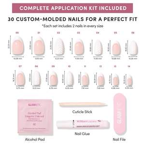 Ongles pressés Glamnetic, forme amande courte, blancs, paillettes, pointes françaises, motifs 3D, finition brillante, matériau ABS, <span class=keywords><strong>kit</strong></span> de 30 pièces avec colle - Product Image 4