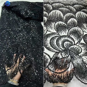 Dentelle Sinya de luxe en maille à sequins et perles, 5 yards, dernière collection, tissu en tulle français brodé perlé, <span class=keywords><strong>bordeaux</strong></span>, pour mariage et fête - Product Image 3