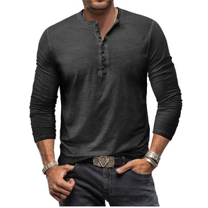 T-shirt Henley da uomo slim-fit vintage a maniche lunghe 180g in puro cotone traspirante, lavata e effetto distressed, con bottoni, per il commercio estero - Product Image 2