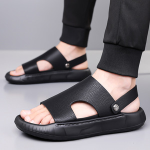 Sandalias de cuero genuino para hombre, con punta abierta, suela de goma, informales, para verano - Product Image 2