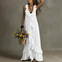 Robe longue vintage pour femmes, design à volants, col en V, sans manches, robe décontractée pour les vacances, tenue de tous les jours, nouvelle arrivée