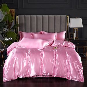 Parure de lit 4 pièces en soie glacée lavée, qualité luxe, écologique, douce, confortable, respirante, couleur unie, simple, pour l'été - Product Image 6