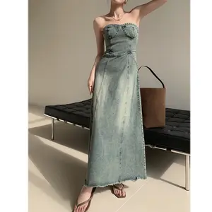 Váy quây màu xanh Retro khí chất nữ mùa xuân 2024 mới mỏng denim A-line váy dài