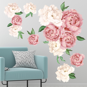 Papier peint élégant avec des fleurs colorées en pleine floraison, pivoines rose clair, feuilles vertes, autocollants muraux romantiques pour salon, <span class=keywords><strong>chambre</strong></span> à coucher, murale - Product Image 2