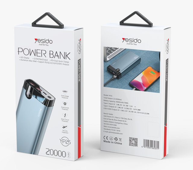 YESIDO 20000mAh Li-Polymer Battery Ultra Slim 2 USB 18W QC3.0 PD Type-C 20W Fast Charging Power Bank Station