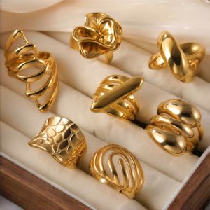 Joyería de Moda Femenina Americana, Anillos de <span class=keywords><strong>Oro</strong></span> de <span class=keywords><strong>24K</strong></span> con Diseño de Onda, Antideslustre, Sin Decoloración, para Bodas y Compromisos, Venta al por Mayor - Product Image 2