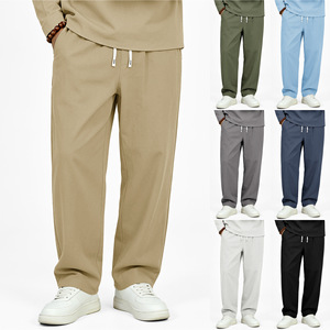 Men <b>Linen</b> Straight Leg Trousers <b>Drawstring</b> Elastic Waist Casual Solid Color <b>Pants</b> For Everyday Wear - Product Image 1