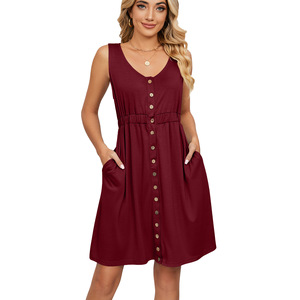 Hot Sale Fashion Low Price Buttons <strong>V</strong> <strong>Neck</strong> Summer Casual Custom Smock Vintage Boho <strong>Dress</strong> - Product Image 1