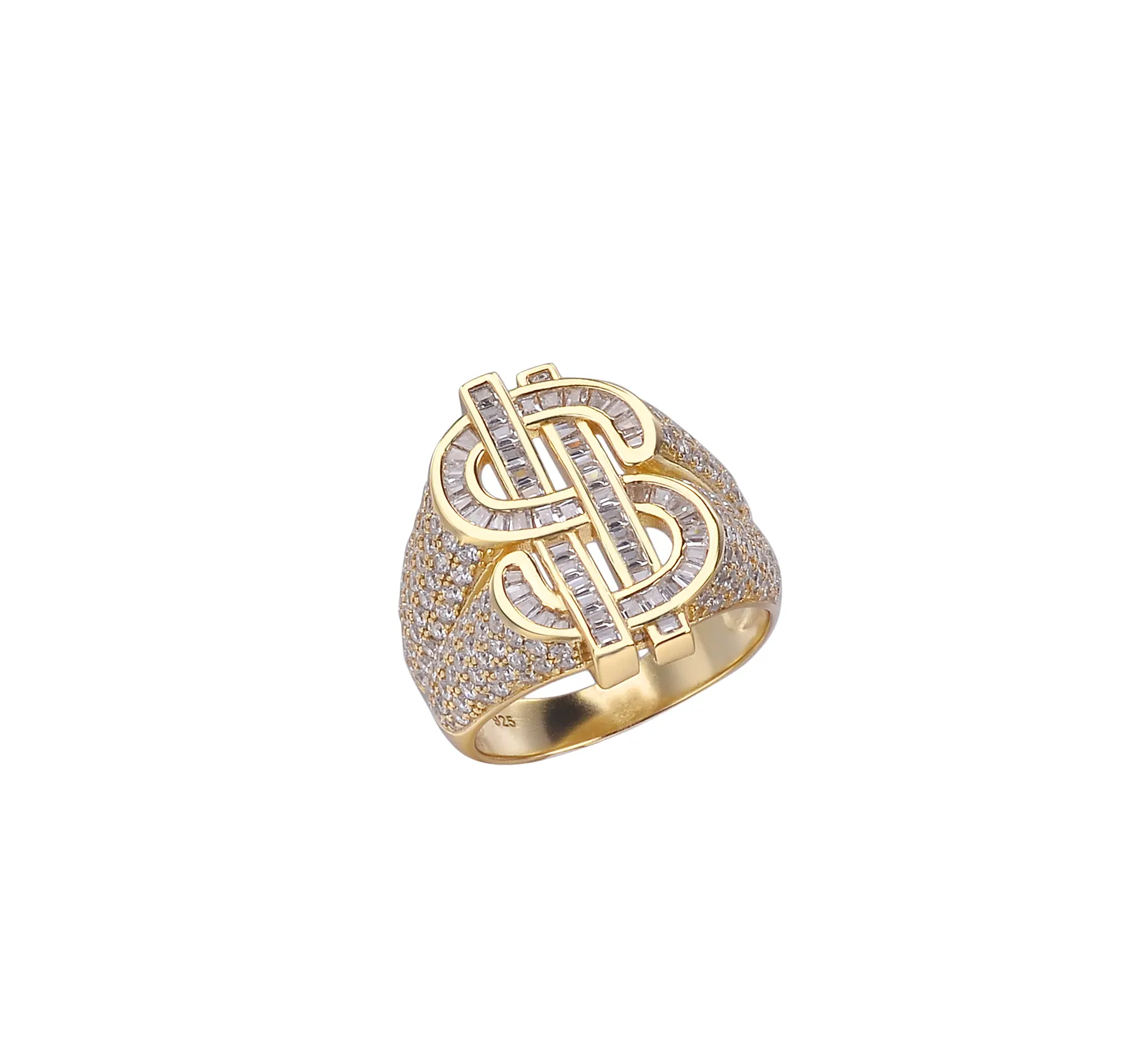 Hip Hop S925 Vergulde $ Symbool Cz Baguettes Diamond <span class=keywords><strong>Hipster</strong></span> Iced Out Ons Geld Ringen