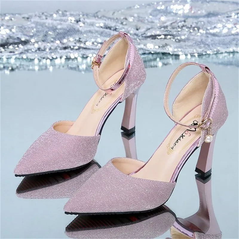 2023 Autumn New One line Buckle High Heels Pointed Sequins Single Shoes Thin Heels High Heels
