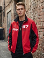 Veste de sport pour homme, noire et grise, avec imprimé BELIEF 67 LIFE, fermeture éclair intégrale, col montant, confortable, pour la gym, l'entraînement, le quotidien et le streetwear