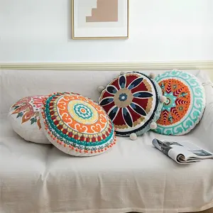 Eco Friendly Cotton Canvas Boho Pillow Case Embroidery Bohemian Moroccan Round Seat Cushion Cover