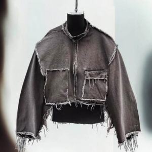 Heavyweight Custom Vintage Distressed Acid Wash Cargo Pocket Black Oversized Cropped <b>Fringe</b> Flare Sleeve Jean Denim <b>Jacket</b> - Product Image 4