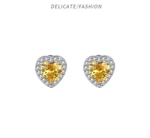S925 sterling silver heart-shaped earrings yellow diamond earrings women's jewelry Japan, South Korea, Europe and