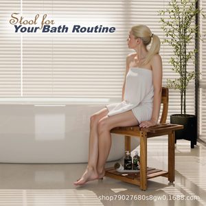 Chaise de douche en bois Shengyang avec dossier, 59,5x31,7x77,7 cm, tabouret de salle de bain à double rangement - Product Image 3