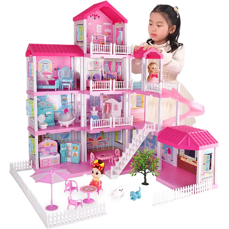 Girls Gift Pretend Play House Rooms Accessories Luxury Villa Princess Dress Up Furniture Toy Diy Assembly DollHouse Doll House