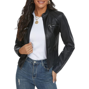 Chaqueta de cuero clásica para mujer, corte ajustado, con cremallera, informal, a la moda, cómoda, de material duradero. - Product Image 1