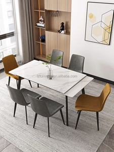 Retractable Rectangular Sintered Stone <b>Dining</b> <b>Table</b> Extendable Marble Top Black Tapered Metal Legs 4-6 Seater For Restaurant - Product Image 2