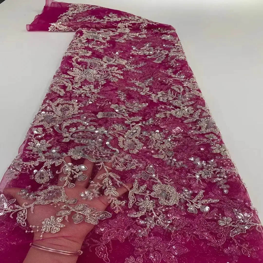 Z029 Newest African Sequins Lace Fabric High Quality French Mesh Laces Fabrics Nigerian Pink Lace Fabrics for Wedding Dress