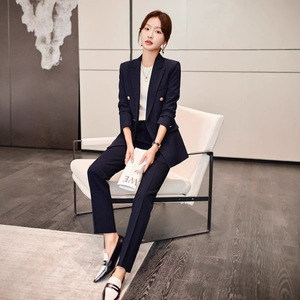 Women's Suit Sets Solid Color Polyester Worsted Spring Work Uniform Double Breasted Jacket With Bow Tie - Product Image 4