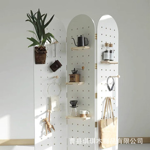 Nordic Style Solid Wood Folding Pegboard Screen Partition With Storage Shelves For <b>Room</b> <b>Divider</b> - Product Image 1