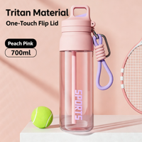 Bouteille d'eau sport Tritan 700 ml, avec couvercle à ouverture rapide et paille, gourde portable anti-fuite avec mousqueton pour la gym