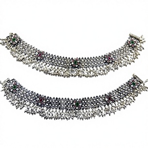 Traditional <b>Silver</b> <b>Anklet</b> for Women Ethnic Payal with Stone Work Heavy Design Bridal Wear Handmade Indian Jewelry - Product Image 1