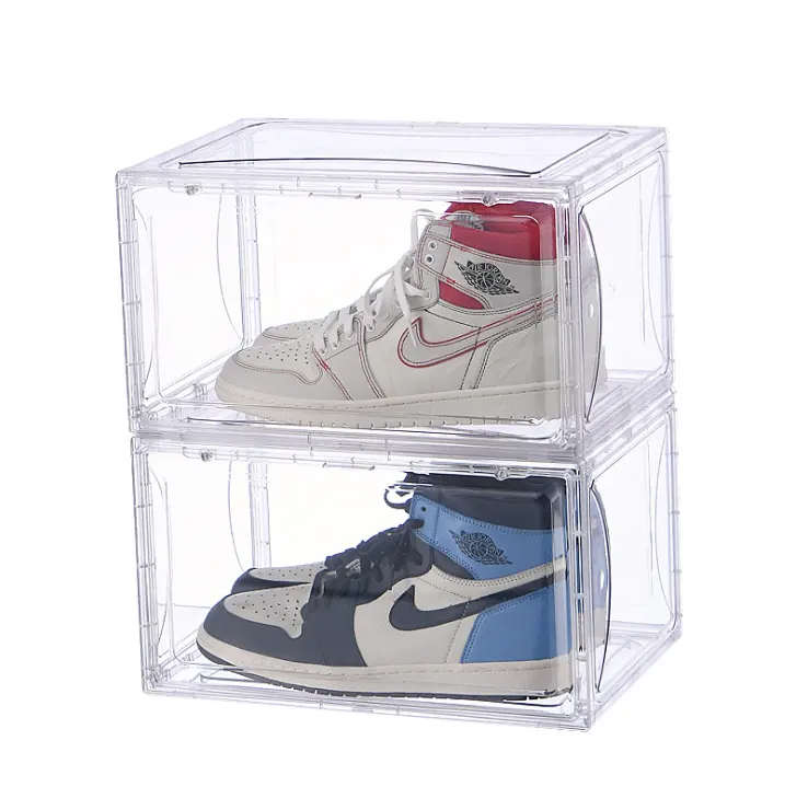 Folding Stackable Plastic Shoes Storage Magnetic Drop Front Clear Sneaker Box