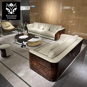 Moderno lussuoso divano componibile in pelle <span class=keywords><strong>Beige</strong></span> 321 con caratteristica allungabile impiallacciatura di legno <span class=keywords><strong>marrone</strong></span> per Villa soggiorno Hotel Lobby - Product Image 3