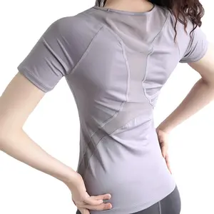 Kaus olahraga cepat kering wanita, baju latihan lari leher bulat melar, atasan empat cara