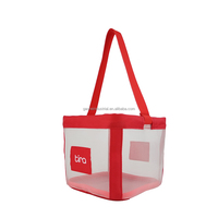 Panier de courses à petite poignée en maille de polyester et nylon rouge à motif lettres pour pharmacie, institut de beauté, magasin de vêtements