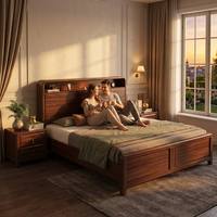 Cadre de lit moderne en bois massif King/Queen avec tête de lit de rangement, éclairage LED, port de charge USB, design écologique et durable