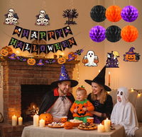 Décorations de fête d'Halloween : Guirlande de lettres suspendues, guirlande de spirales en aluminium, guirlande de points circulaires, éventails en papier, boules en nid d'abeille, ballons imprimés