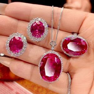Juego de aretes y collar con circonita cúbica de corte ovalado, imitación de oro blanco, cobre chapado en oro rosa, corindón rojo, juego de joyería de 3 piezas. - Product Image 1