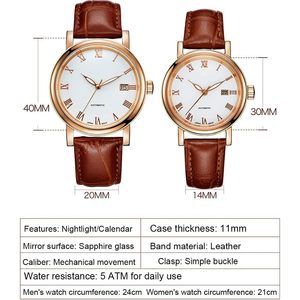 Couple Automatic <b>Mechanical</b> Water Resistant Crystal Roman Dial Leather Strap Unisex <b>Watch</b> - Product Image 4