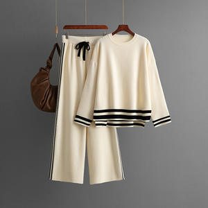 طقم نسائي غير رسمي بنمط سادة للخريف والشتاء من قطعتين كنزة صوفية فضفاضة محبوكة بنطال علوي واسع الساق بنطال مشترك طقم Ord - Product Image 4