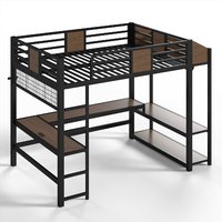 Lit superposé industriel en métal avec bureau intégré, prise électrique, éclairage LED, étagères de rangement et tringle à vêtements, idéal pour chambre d'hôtel