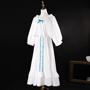 Amiya Pajamas Women Long Sleeve <b>White</b> Cotton Sleepwear Soft <b>Nightdress</b> With Blue Trim And Ruffles For Cosplay Or Everyday Wear - Product Image 2