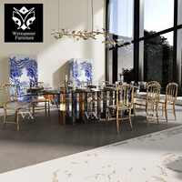 Table à manger de luxe faite à la main avec comptoir en verre trempé en acier inoxydable en bois massif bleu blanc pour votre salle à manger