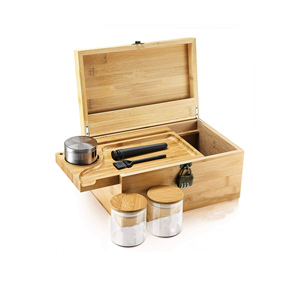 Natural Bamboo Stash Box with tray Cigar box with Glass Sealed Jar, Grinder, Code Lock, Brush for Men's toy
