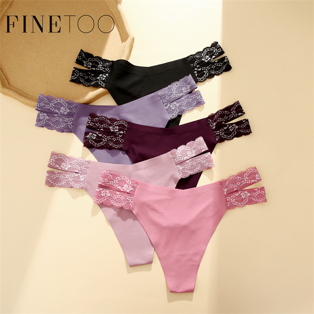 FINETOO Roupa íntima feminina sexy sem costura de cintura baixa com renda para meninas calcinha com cordão G lingerie feminina