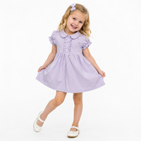 Gaun Pesta Anak Perempuan Kerah Peter Pan Lengan Pendek Mengembang Detail Ruffle Bahan Lembut Pita Rambut Senada untuk Ulang Tahun, Upacara, Liburan