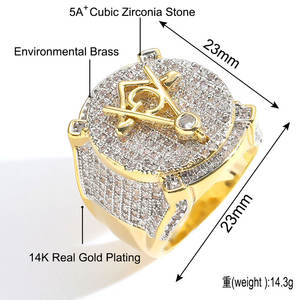 嘻哈戒指欧美复古AG共济会戒指真金全锆石创意个性嘻哈男士戒指 - Product Image 2