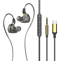 Écouteurs intra-auriculaires filaires USB-C, micro 3 boutons, écouteurs stéréo Hi-Fi transparents, ajustement supra-auriculaire et connecteur plaqué or pour téléphones et PC