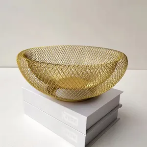 Cesta de metal dourada moderna para armazenamento de frutas, cesta de arame pequena com malha para armazenamento de frutas, ideal para vendas